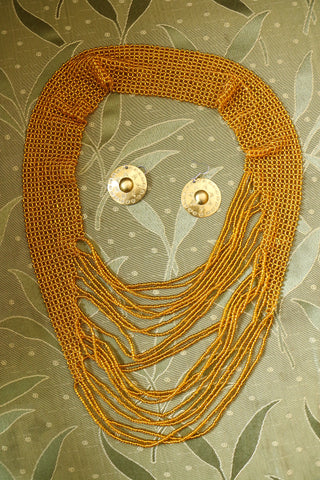 Gold Beaded Necklace & Brass Agung Earrings Set